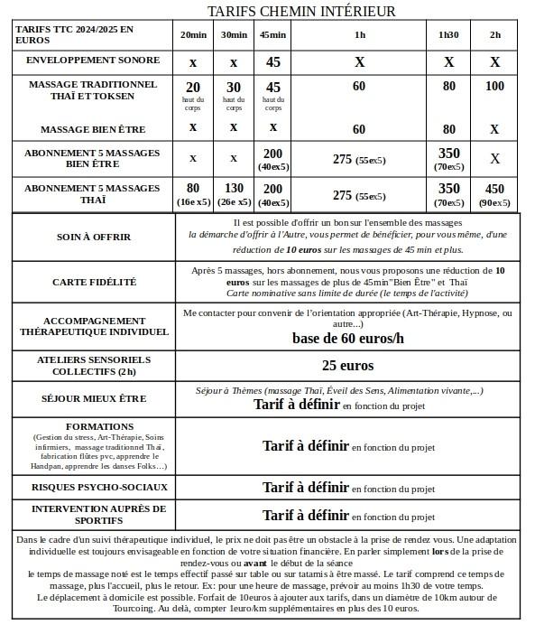 Tarifs complet chemin interieur 1